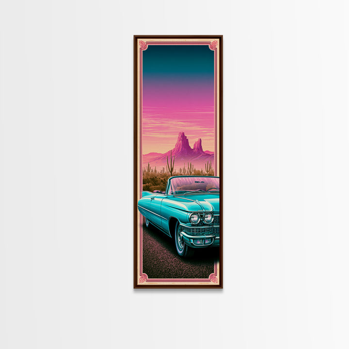 Classic Convertible at Pink Sunset Framed Canvas Print, Retro Art, Cat Art, Living Room Decor, Fine Art, Retro, RET-1x3-70