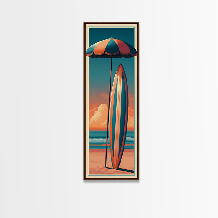 Retro Beach Umbrella and Surfboard Canvas Print, Retro Art, Floral Wall Art, Living Room Decor, Retro, Minimalist Decor, RET-1x3-78