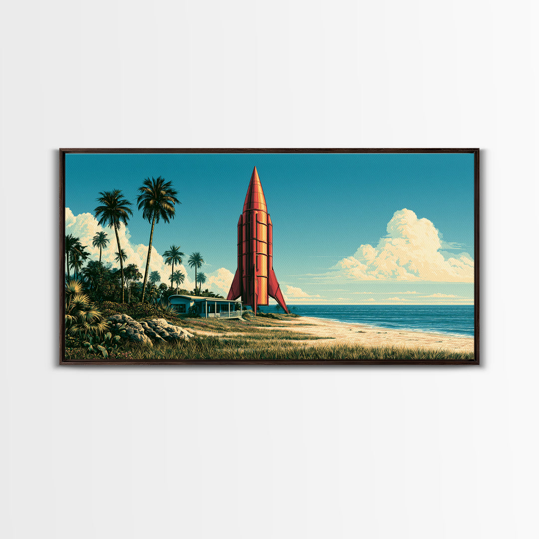 Space Age Rocket Poster Scene Framed Canvas Print, Retro Art, Fine Art Print, Living Room Decor, Fine Art, Retro, Wall Decor, RET-2x1-27
