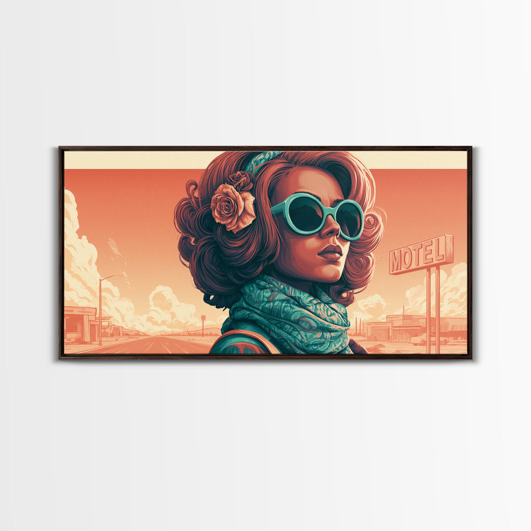 Mod Woman in Sunglasses and Scarf Framed Canvas Print, Retro Art, Minimalist Decor, Living Room Decor, Fine Art, Retro, RET-2x1-28