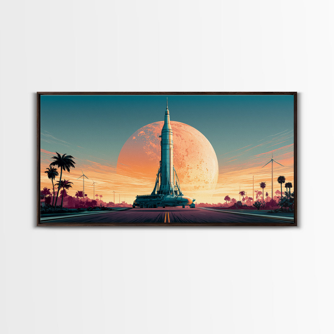 Space Age Rocket Poster Scene Framed Canvas Print, Retro Art, Boho Decor, Living Room Decor, Fine Art, Retro, Posters, RET-2x1-75