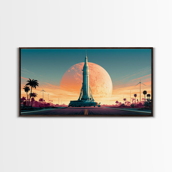Space Age Rocket Poster Scene Framed Canvas Print, Retro Art, Boho Decor, Living Room Decor, Fine Art, Retro, Posters, RET-2x1-75
