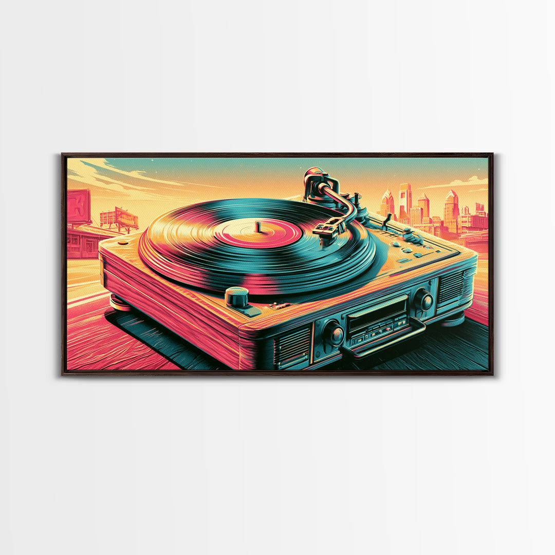 Vinyl Record Player Framed Canvas Print, Retro Art, Printable Art, Living Room Decor, Fine Art, Retro, Funky Wall Art, RET-2x1-80