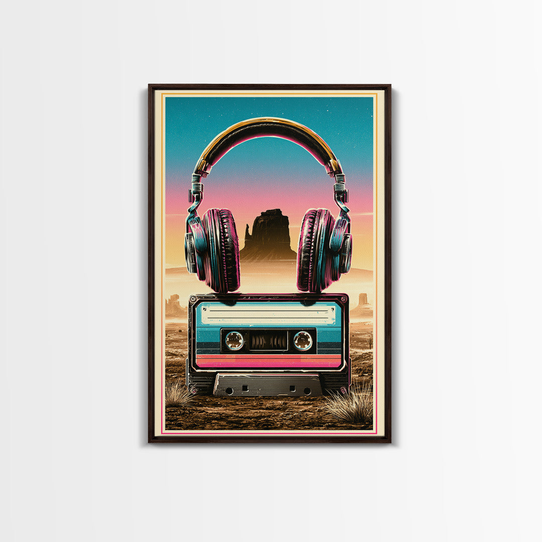 Cassette Tape and Headphones Graphic Canvas Print, Retro Art, Art Print, Living Room Decor, Oil Painting, Retro, RET-2x3-14