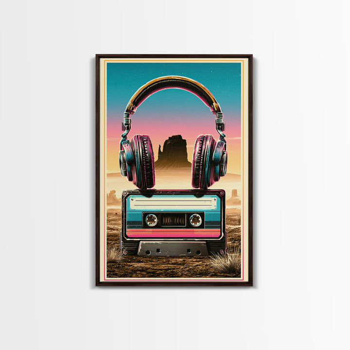 Cassette Tape and Headphones Graphic Canvas Print, Retro Art, Art Print, Living Room Decor, Oil Painting, Retro, RET-2x3-14