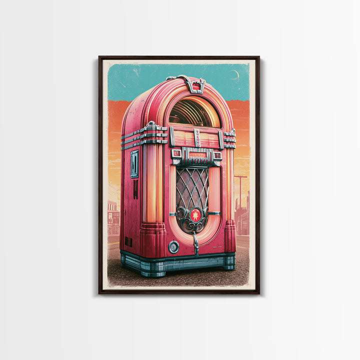 Jukebox Glowing in Red and Chrome Framed Canvas Print, Retro Art, Art Nouveau, Living Room Decor, Retro, Bedroom Wall Art, RET-2x3-28