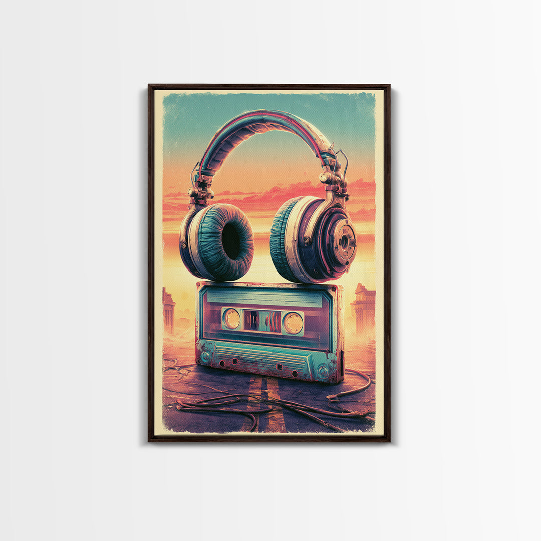 Cassette Tape and Headphones Graphic Framed Canvas Print, Retro Art, Wall Art, Living Room Decor, Fine Art, Retro, Original Art, RET-2x3-38