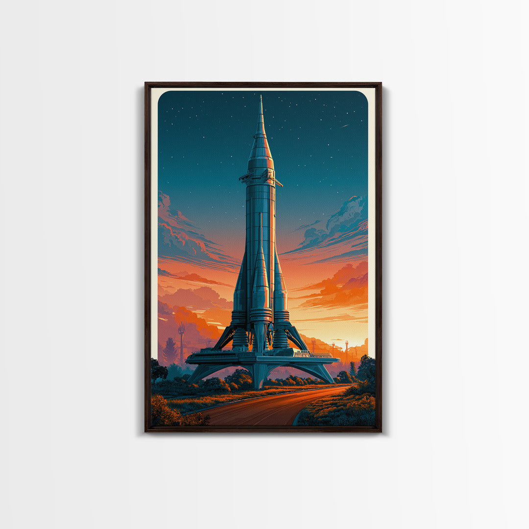 Space Age Rocket Poster Scene Framed Canvas Print, Retro Art, Posters, Living Room Decor, Fine Art, Retro, Printable Art, RET-2x3-63