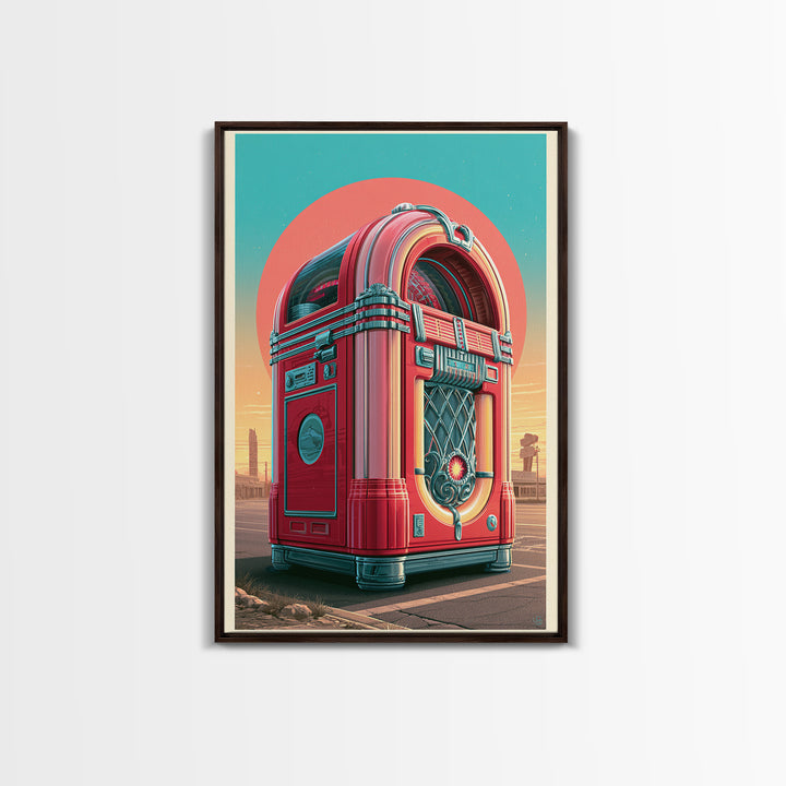Jukebox Glowing in Red and Chrome Framed Canvas Print, Retro Art, Apartment Decor, Living Room Decor, Fine Art, Retro, RET-2x3-76