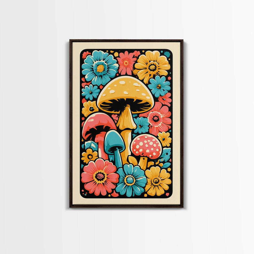 Funky Mushroom and Flower Pattern Canvas Print, Retro Art, Poster, Living Room Decor, Watercolor Art, Retro, Abstract Art, RET-2x3-79