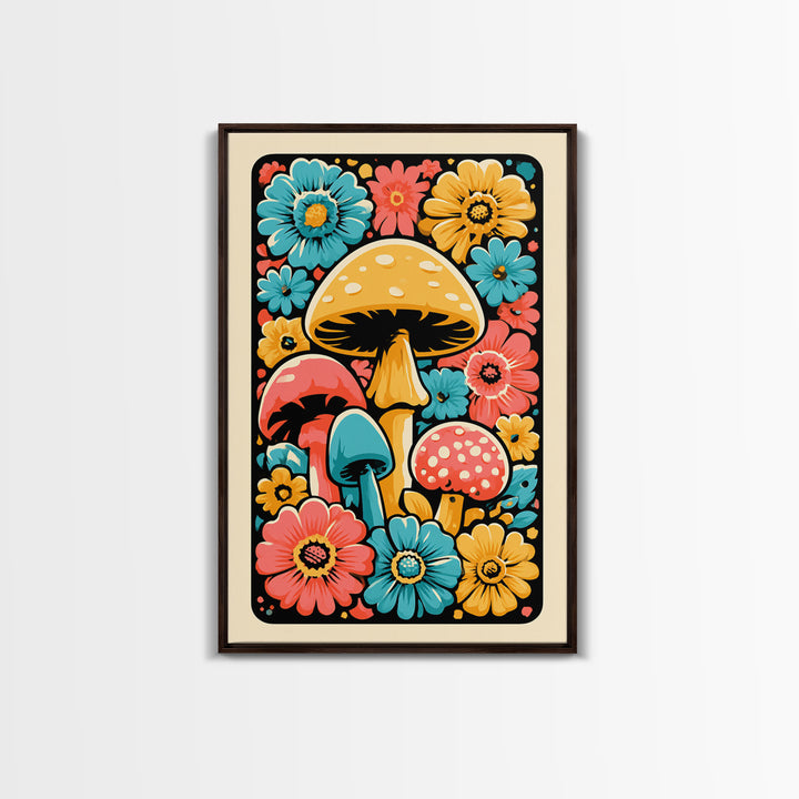 Funky Mushroom and Flower Pattern Canvas Print, Retro Art, Poster, Living Room Decor, Watercolor Art, Retro, Abstract Art, RET-2x3-79