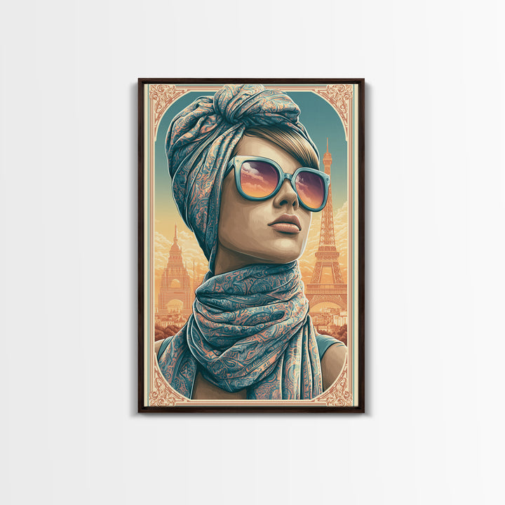 Mod Woman in Sunglasses and Scarf Framed Canvas Print, Retro Art, Printable Wall Art, Living Room Decor, Fine Art, Retro, RET-2x3-88