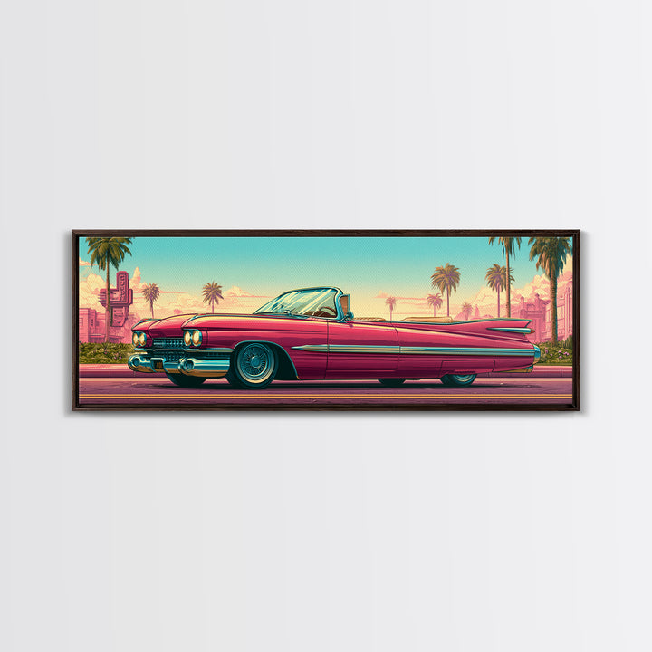 Classic Convertible at Pink Sunset Framed Canvas Print, Retro Art, Digital Prints, Living Room Decor, Fine Art, Retro, RET-3x1-2