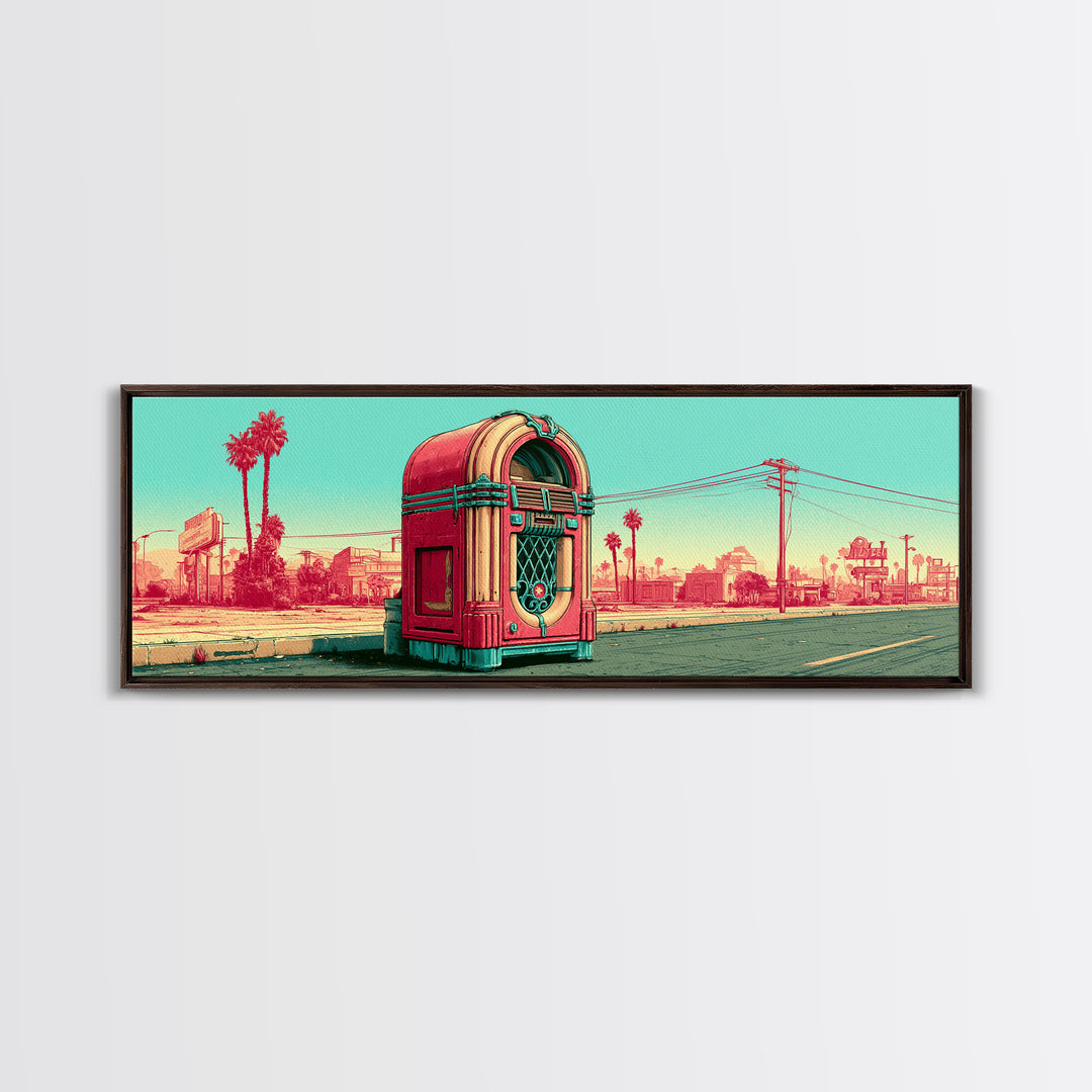 Jukebox Glowing in Red and Chrome Canvas Print, Retro Art, Floral Wall Art, Living Room Decor, Retro, Minimalist Decor, RET-3x1-36