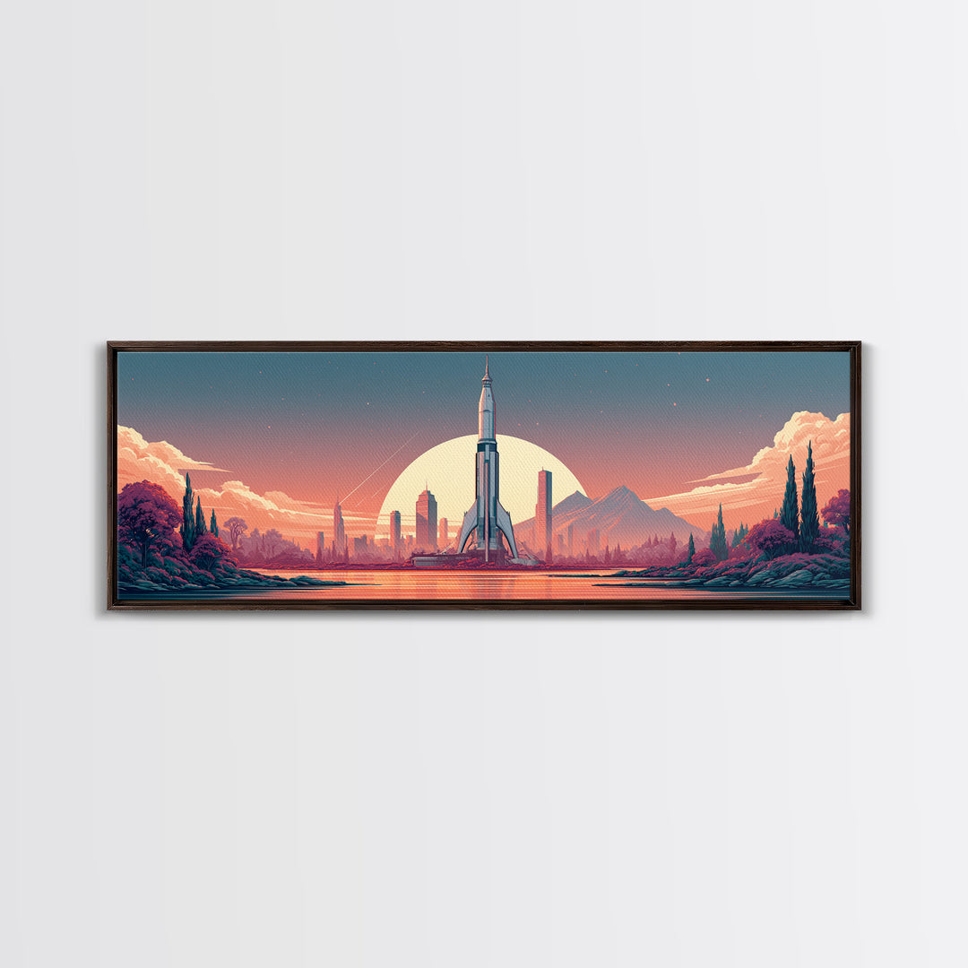 Space Age Rocket Poster Scene Framed Canvas Print, Retro Art, Wall Decor, Living Room Decor, Fine Art, Retro, Apartment Decor, RET-3x1-47