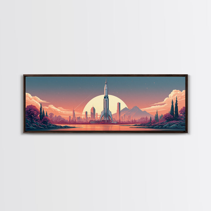 Space Age Rocket Poster Scene Framed Canvas Print, Retro Art, Wall Decor, Living Room Decor, Fine Art, Retro, Apartment Decor, RET-3x1-47
