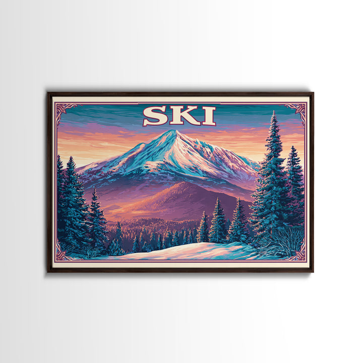 Retro Ski Poster Mountain Scene Framed Canvas Print, Retro Art, Fine Art Print, Living Room Decor, Fine Art, Retro, Wall Decor, RET-3x2-100
