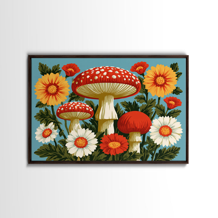 Funky Mushroom and Flower Pattern Framed Canvas Print, Retro Art, Abstract Wall Art, Living Room Decor, Fine Art, Retro, RET-3x2-27