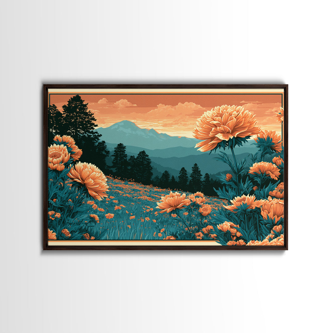 Retro Floral Pattern Framed Canvas Print, Retro Art, Movie Poster, Living Room Decor, Oil Painting, Retro, Wall Art Print, RET-3x2-63