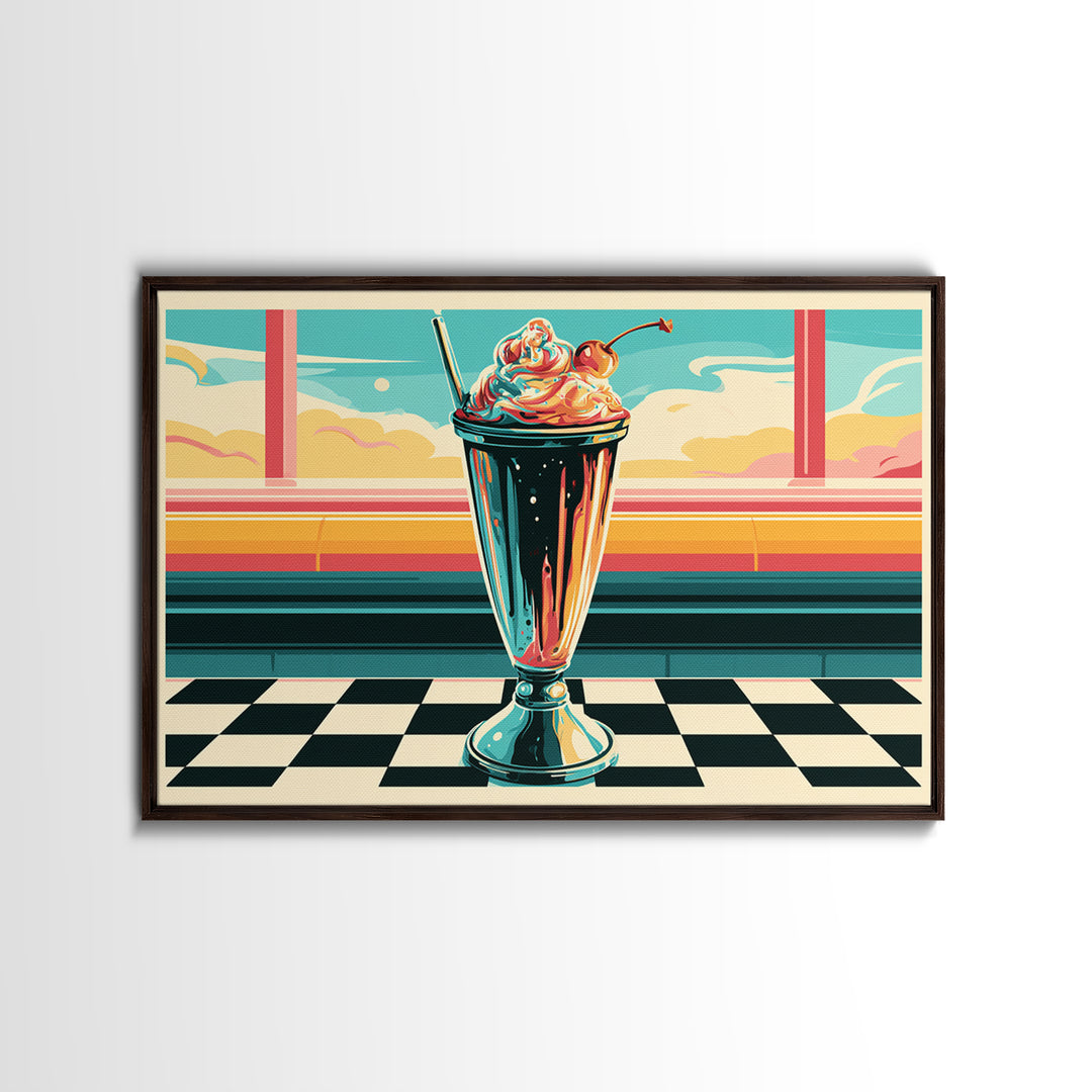 1950s Diner Milkshake Framed Canvas Print, Retro Art, Gallery Decor, Living Room Decor, Fine Art, Retro, Contemporary Art, RET-3x2-77