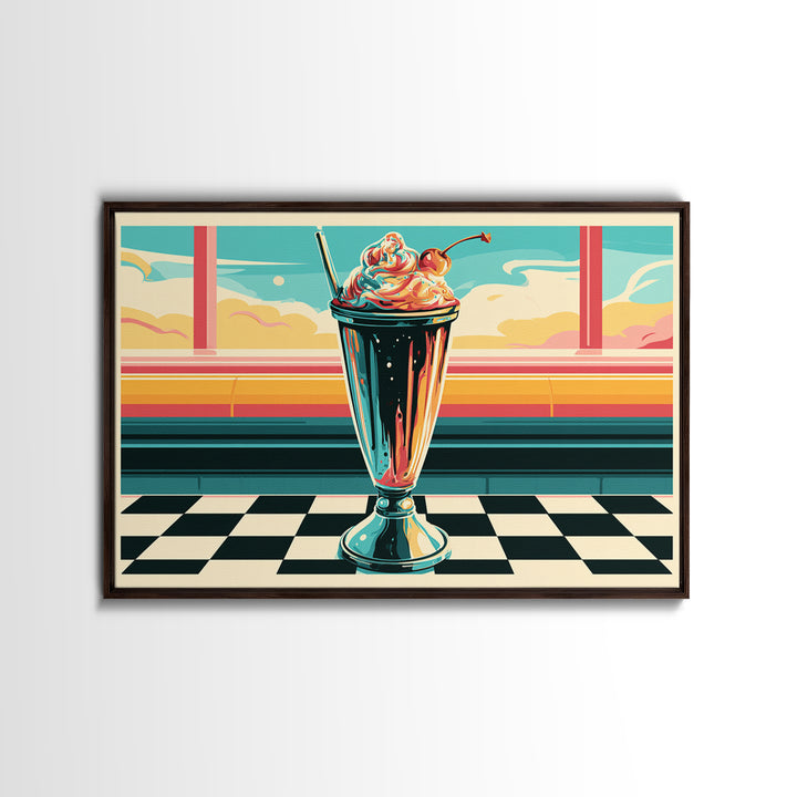 1950s Diner Milkshake Framed Canvas Print, Retro Art, Gallery Decor, Living Room Decor, Fine Art, Retro, Contemporary Art, RET-3x2-77