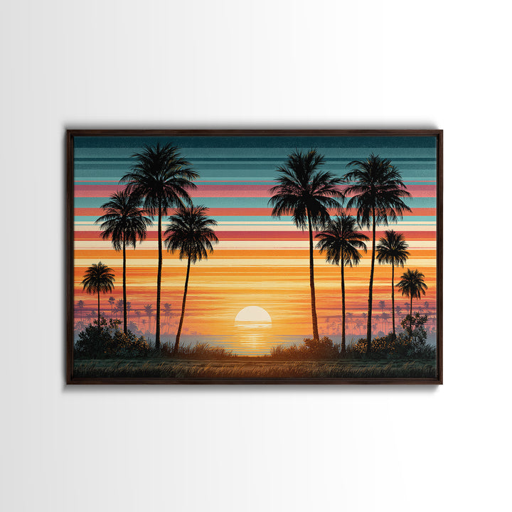 70s Sunset Stripes Framed Canvas Print, Retro Art, Bedroom Wall Art, Living Room Decor, Watercolor Art, Retro, Art Print, RET-3x2-79