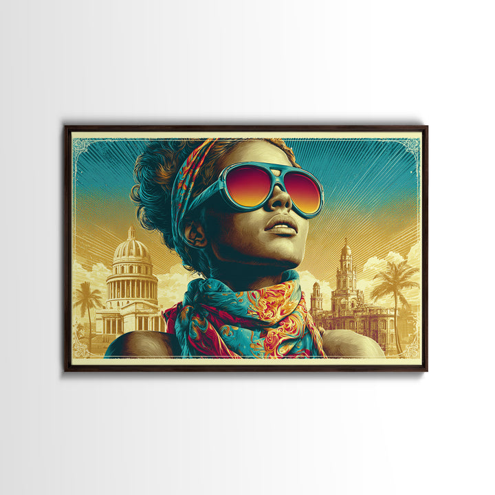 Mod Woman in Sunglasses and Scarf Canvas Print, Retro Art, Boho Decor, Living Room Decor, Retro, Posters, Digital Prints, RET-3x2-84