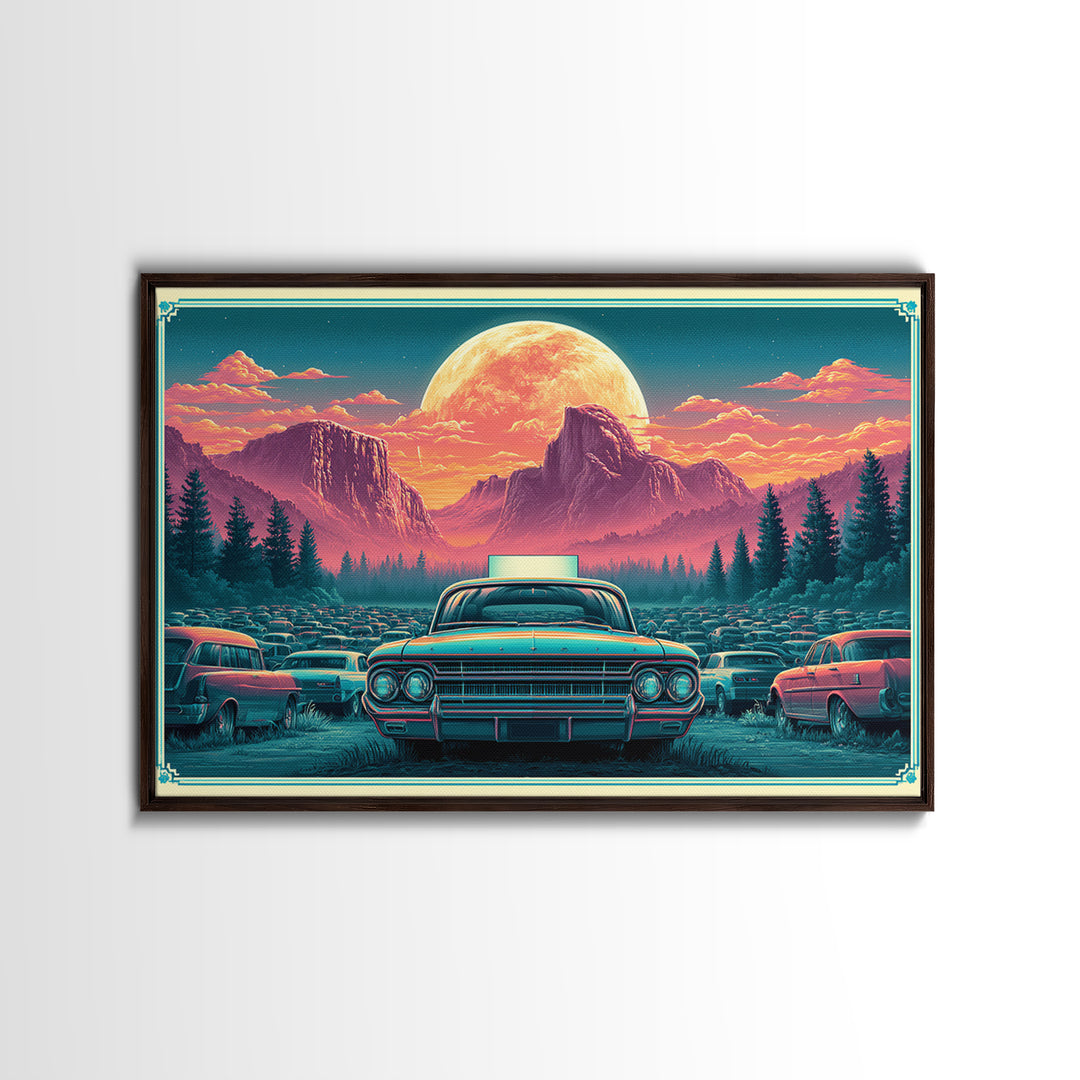 Drive in Movie Scene with Moonlit Cars Framed Canvas Print, Retro Art, Luxury Decor, Living Room Decor, Fine Art, Retro, RET-3x2-92