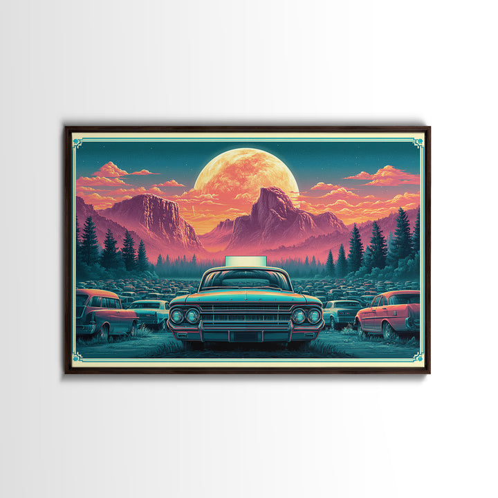 Drive in Movie Scene with Moonlit Cars Framed Canvas Print, Retro Art, Luxury Decor, Living Room Decor, Fine Art, Retro, RET-3x2-92