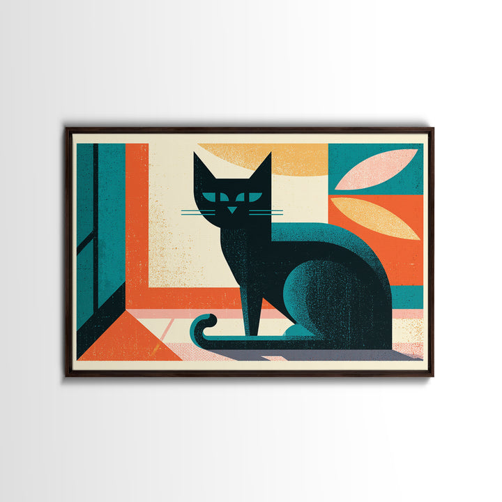 Mid Century Cat Framed Canvas Print, Retro Art, Floral Wall Art, Living Room Decor, Abstract Art, Retro, Minimalist Decor, RET-3x2-97
