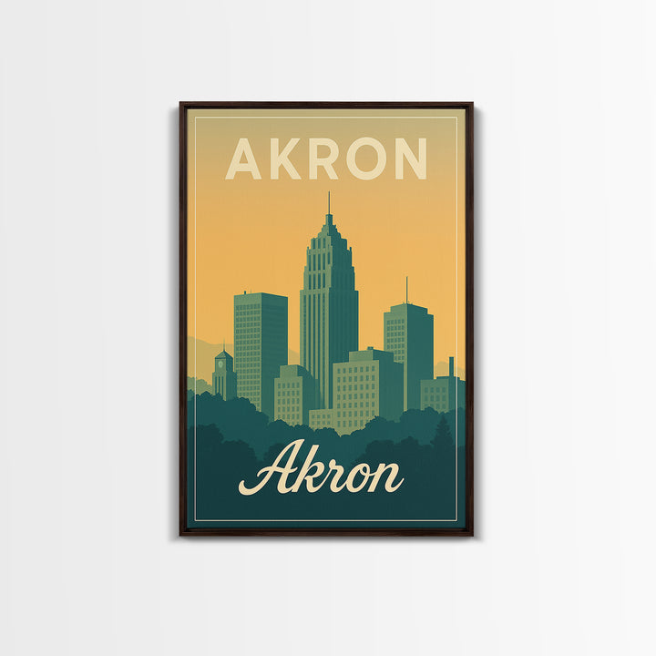 Akron Ohio Travel Poster, Canvas Print, Retro Sunset Skyline Art, Akron Travel Art, Fine Art Print, Mid Century Wall Art, Travel Decor