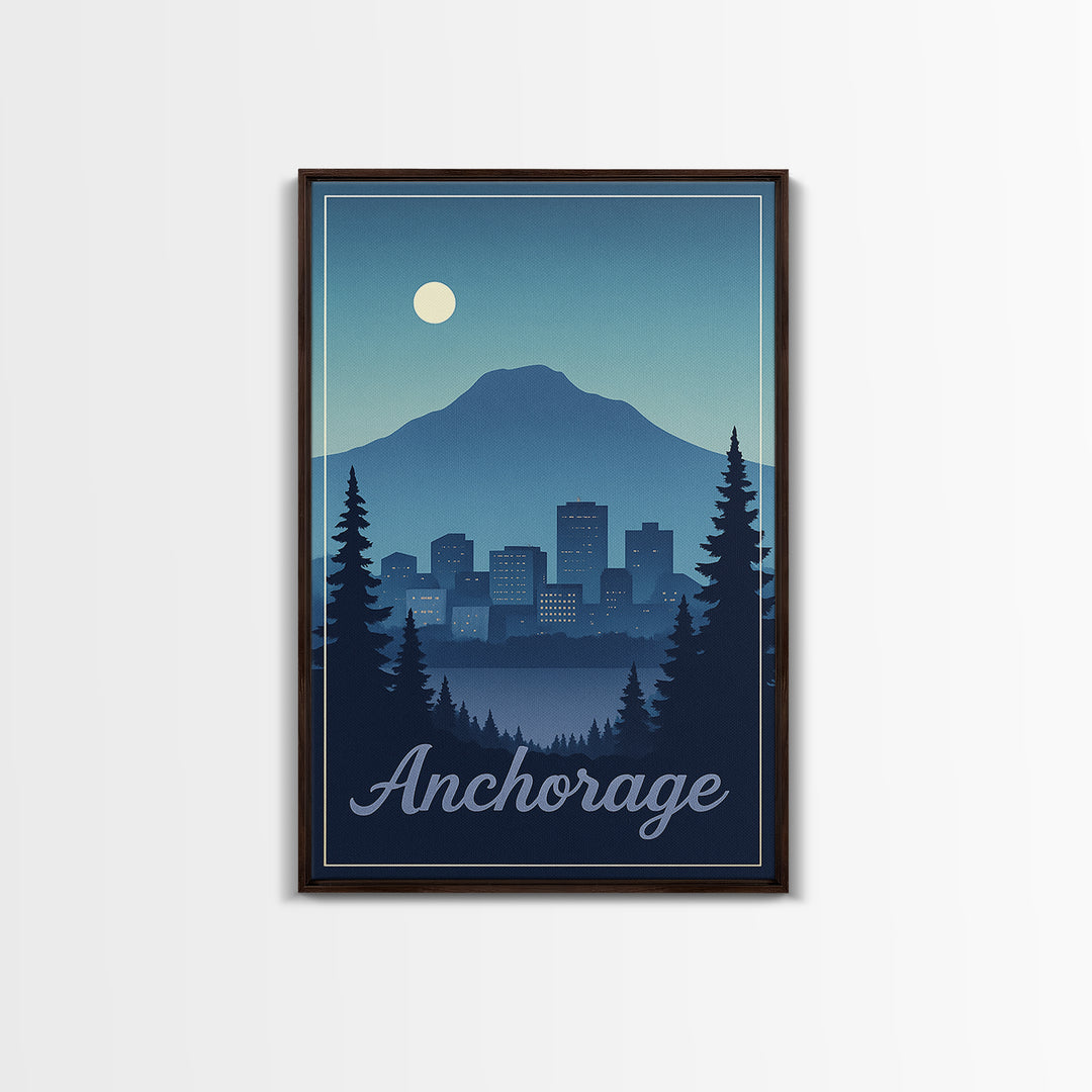 Anchorage Travel Poster, Framed Canvas Print, Retro Sunset Skyline Art, Anchorage City Art, Travel Poster Art, Travel Wall Decor