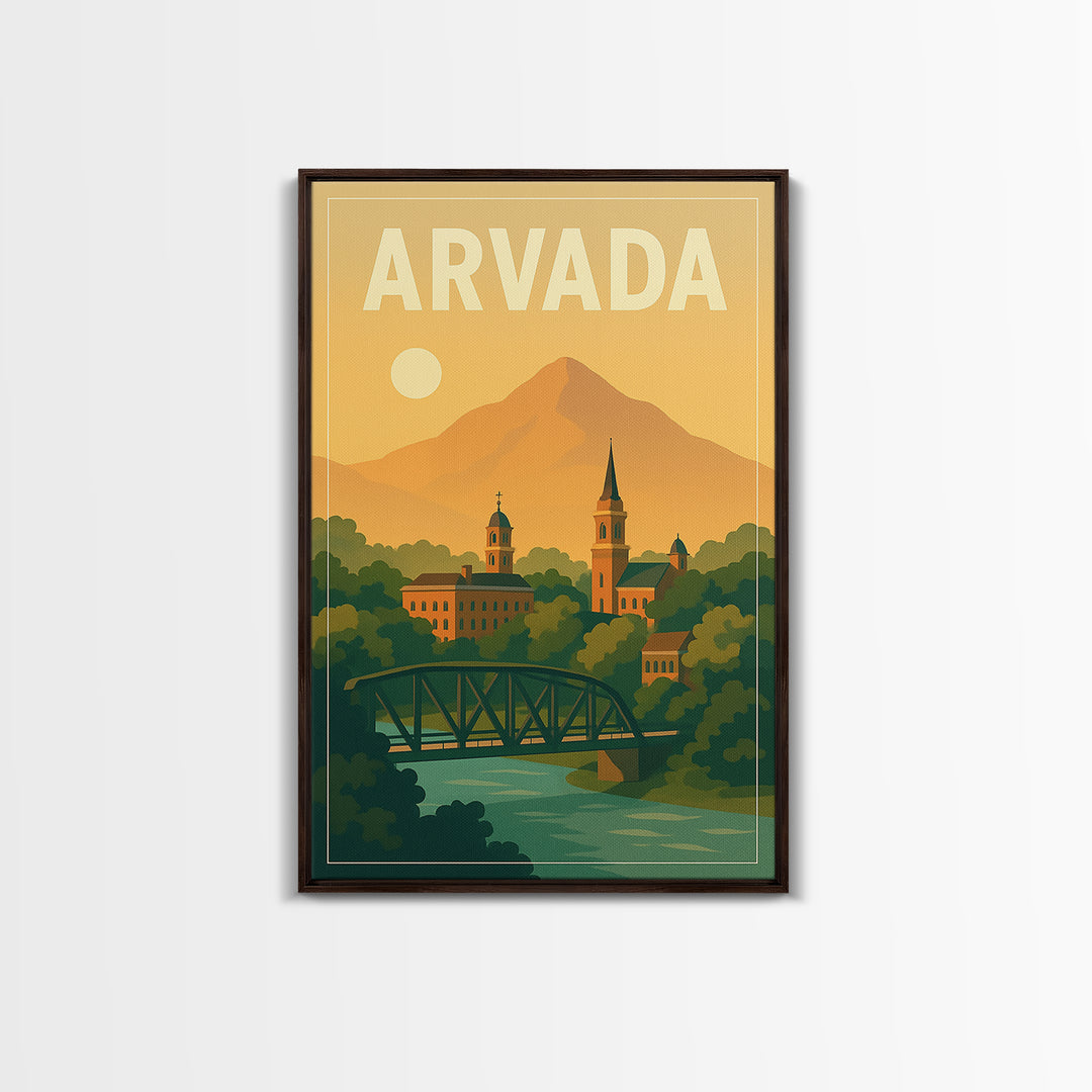 Arvada Travel Poster, Canvas Print, Mid Century City Wall Art, Arvada Poster Print, City Art Print, Wall Decor, Watercolor City Skyline