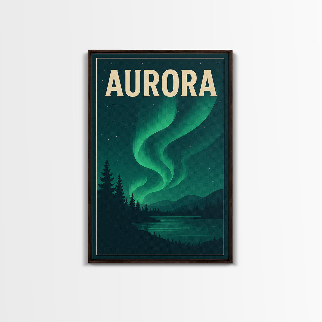 Aurora Travel Poster, Framed Canvas Print, Retro Sunset Skyline Art, Aurora Art Print, City Illustration, Vintage City Poster, Design 2