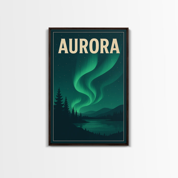 Aurora Travel Poster, Framed Canvas Print, Retro Sunset Skyline Art, Aurora Art Print, City Illustration, Vintage City Poster, Design 2