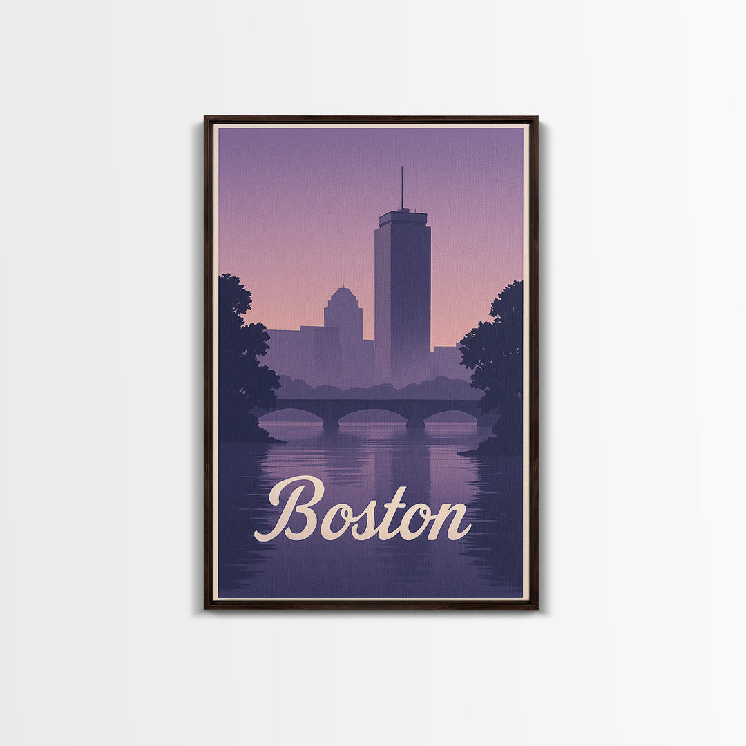 Boston Travel Poster, Canvas Print, Retro Sunset Skyline Art, Boston Travel Art, Living Room Wall Art, Vintage Travel Print, Travel Gift