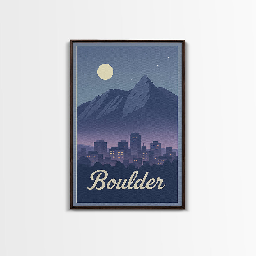 Boulder Travel Poster, Framed Canvas Print, Retro Sunset Skyline Art, Boulder Wall Art, Gift For Travelers, Modern Wall Decor, Wall Art