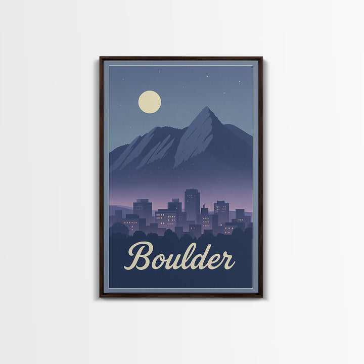 Boulder Travel Poster, Framed Canvas Print, Retro Sunset Skyline Art, Boulder Wall Art, Gift For Travelers, Modern Wall Decor, Wall Art