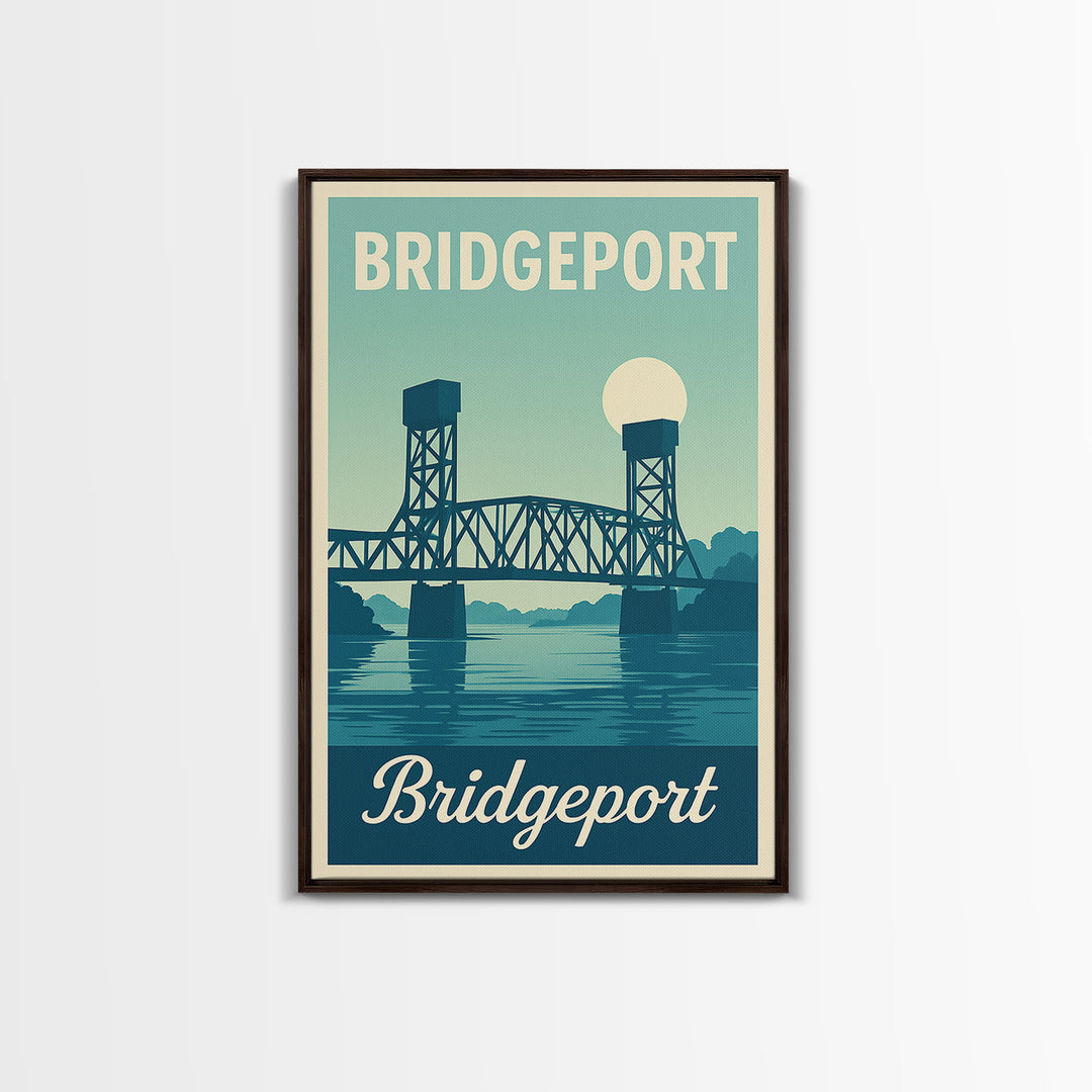 Bridgeport Connecticut Travel Poster, Canvas Print, Retro Sunset Skyline Art, Bridgeport Wall Art, City Travel Prints, Travel Poster Art