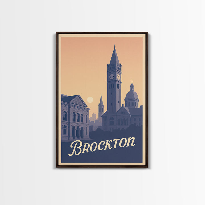 Brockton Travel Poster, Framed Canvas Print, Classic Travel Poster Art, Brockton Wall Art, Watercolor Urban Skyline, Fine Art Print