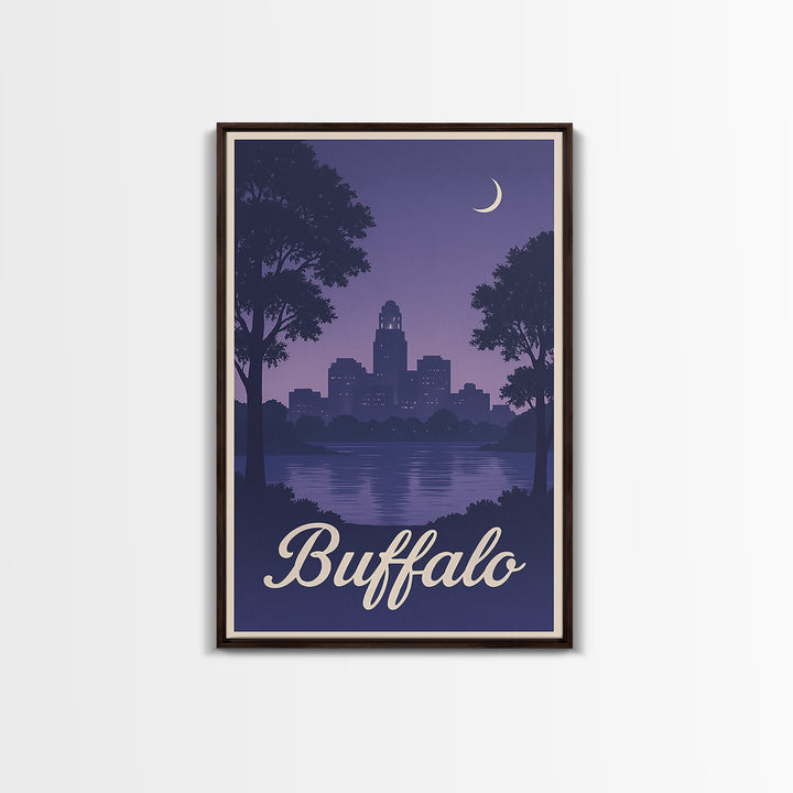 Buffalo Travel Poster, Framed Canvas Print, Retro Sunset Skyline Art, Buffalo Travel Art, City Illustration, Travel Art Print, Design 2