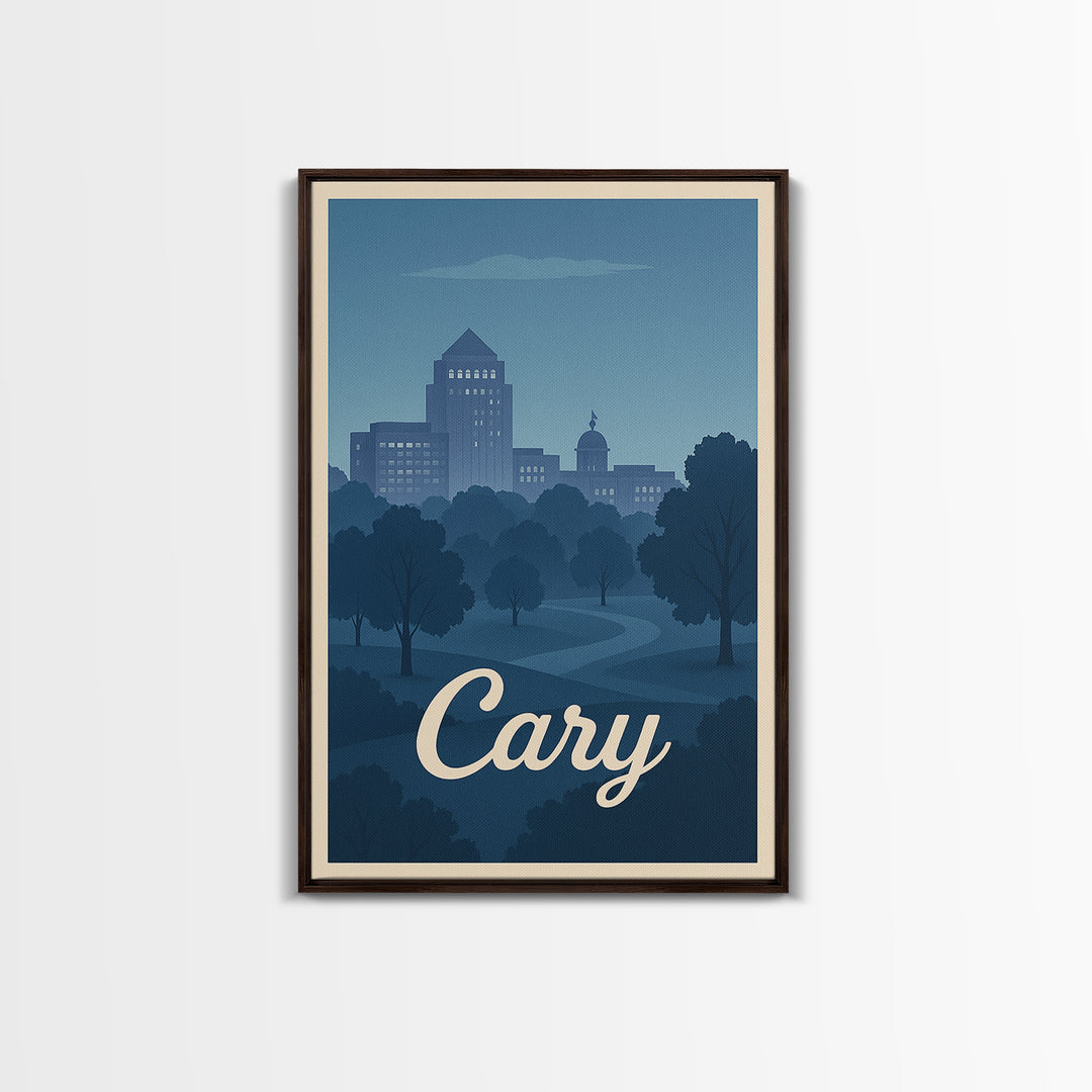 Cary Travel Poster, Framed Canvas Print, Mid Century City Wall Art, Cary Wall Art, Vintage Travel Print, Vintage City Art, City Poster