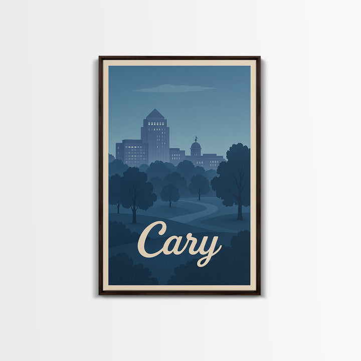 Cary Travel Poster, Framed Canvas Print, Mid Century City Wall Art, Cary Wall Art, Vintage Travel Print, Vintage City Art, City Poster
