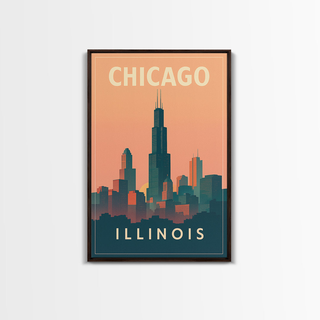 Chicago Travel Poster, Framed Canvas Print, Classic Travel Poster Art, Chicago Wall Art, Vintage City Poster, Mid Century Wall Art