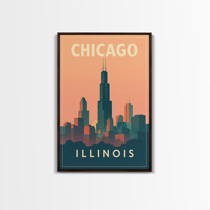 Chicago Travel Poster, Framed Canvas Print, Classic Travel Poster Art, Chicago Wall Art, Vintage City Poster, Mid Century Wall Art