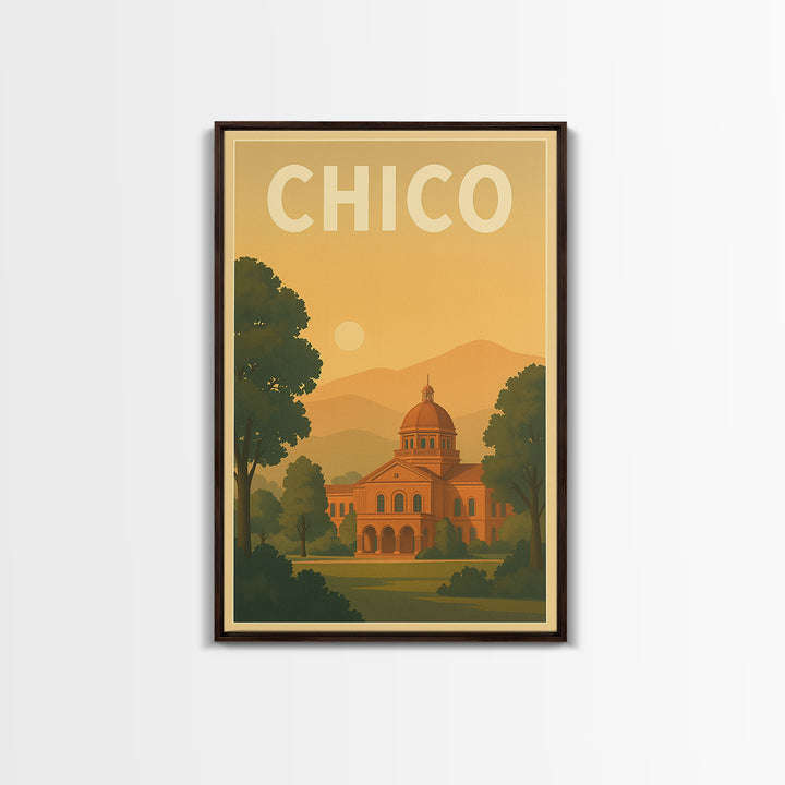 Chico Travel Poster, Framed Canvas Print, Mid Century City Wall Art, Chico Poster Print, City Illustration, Travel Poster Set, Design 2