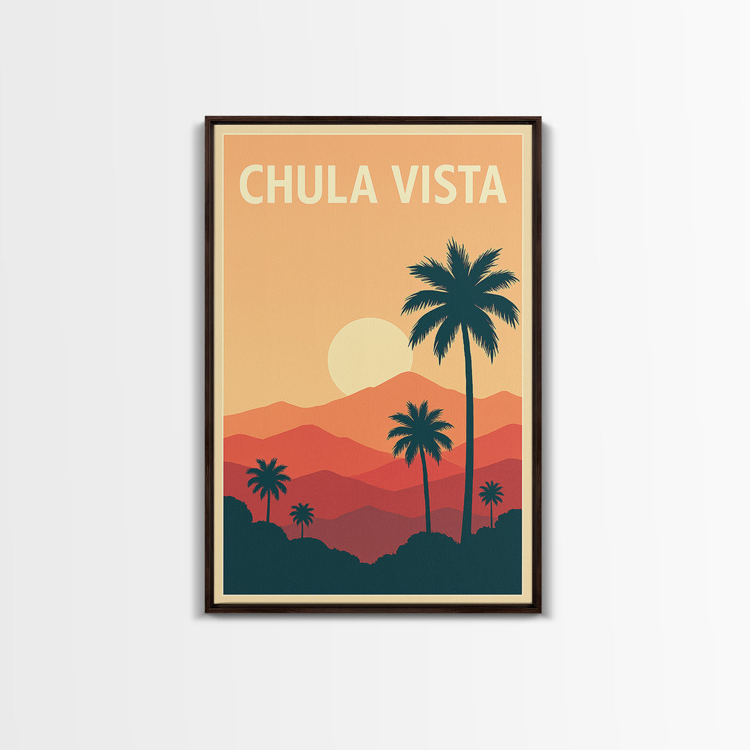 Chula Vista Travel Poster, Framed Canvas Print, Retro Sunset Skyline Art, Chula Vista Poster Print, Vintage City Poster, City Art Print