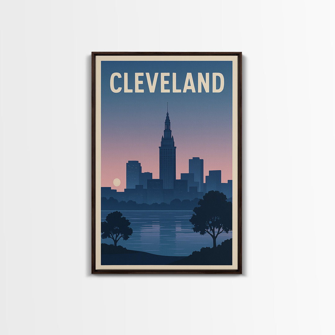 Cleveland Travel Poster, Framed Canvas Print, Mid Century City Wall Art, Cleveland City Art, City Illustration, Modern Wall Decor