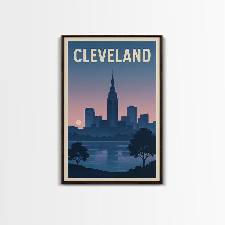 Cleveland Travel Poster, Framed Canvas Print, Mid Century City Wall Art, Cleveland City Art, City Illustration, Modern Wall Decor
