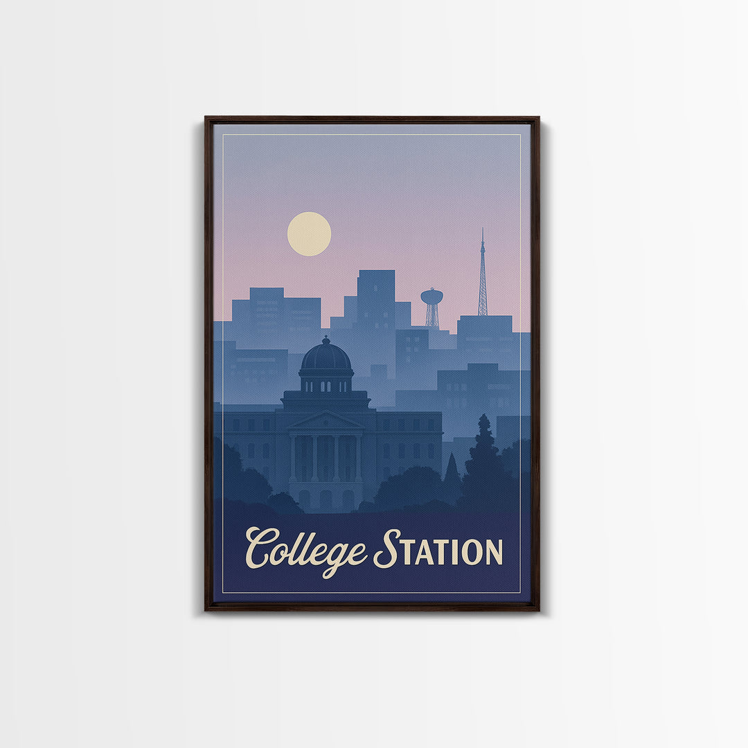 College Station Travel Poster, Framed Canvas Print, Retro Sunset Skyline Art, College Station City Art, Home Office Decor, Travel Art Print